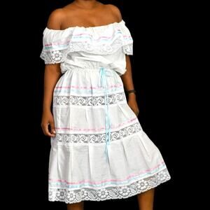 Mexican Campesino Peasant Dress White Embroidery Lace Ribbon Tie Pastel One Size